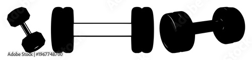 Gym dumbbell icon set with solid black silhouette on white background featuring fitness, weightlifting, exercise with muscle training and bodybuilding