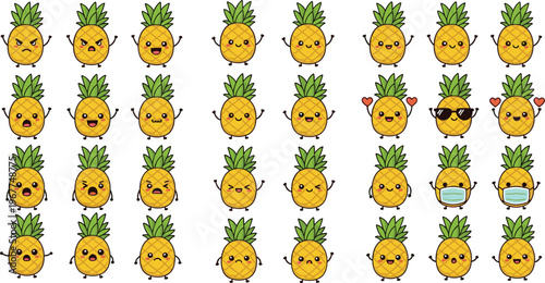 Cute pineapple emoji characters collection kawaii fruit cartoon vector set with funny expressions and moods isolated on white background for stickers and kids design