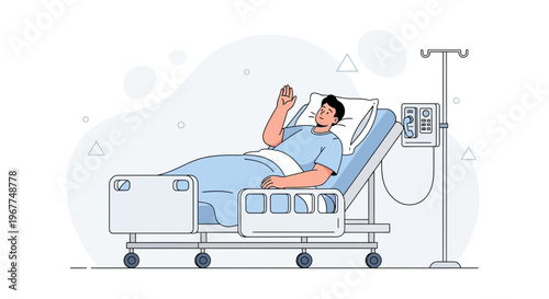 Man Waving in Hospital Bed with IV Drip Stand