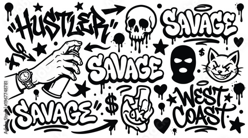Urban Graffiti Street Art Elements Vector Set with Savage Hustler and West Coast Typography Icons for Edgy Apparel Design