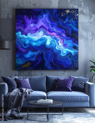 Vibrant Blue and Purple Abstract Art Canvas Above a Modern Sofa in a Contemporary Living Room.