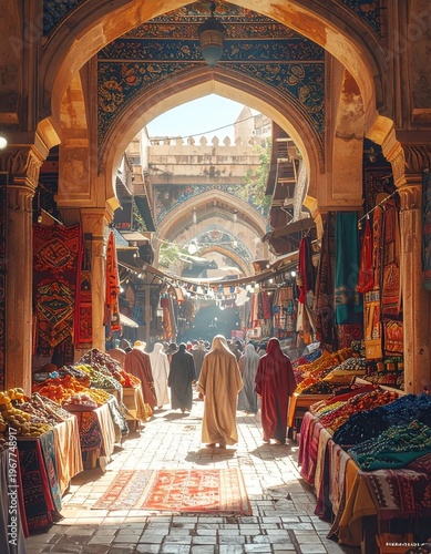 Vibrant Moroccan Souk with Traditional Arches and Shoppers.