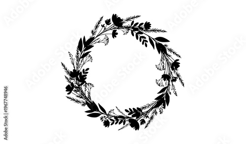 Minimal flower bouquet silhouette circle composition botanical wreath vector design