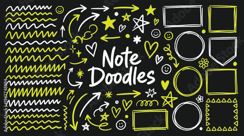 Professional Hand Drawn Neon Green and White Note Doodle Set with Arrows Shapes and Frames for Business Graphic Design