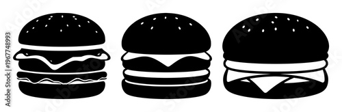 Plant-based meat burger icon set with solid black outline on white background featuring plant-based burger, simple line art, minimalist with black and white and food illustration
