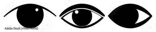 Eye icon set with solid black graphic on white background featuring eye, computer, vision, scanning with technology and design