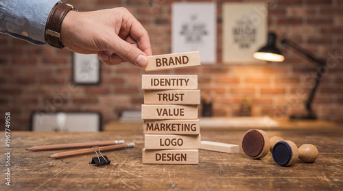 Brand identity concept with wooden blocks showing marketing design elements on office desk