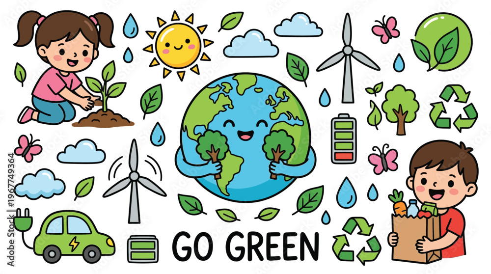 Fototapeta premium Happy children practicing sustainability with recycling green energy and tree planting for environmental education and eco friendly awareness campaigns