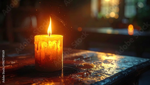 Warm Glow of a Single Candle Illuminating a Dark, Reflective Surface.