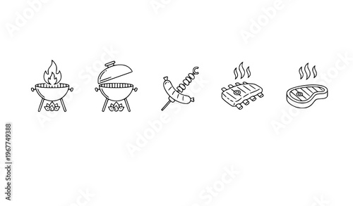 A set of barbecue icons including grills and sausages in a minimalist line art style
