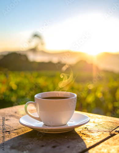 a cup of coffee in the morning glow