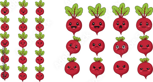 Cute radish emoji characters collection kawaii vegetable cartoon vector set with funny expressions and moods isolated on white background for stickers and kids design