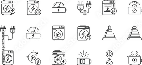 Energy efficiency and power consumption line icon set featuring electricity usage battery saving appliances and eco energy symbols