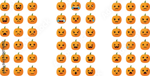 Cute pumpkin emoji faces collection kawaii halloween cartoon vector set with different expressions isolated on white background for stickers and holiday design