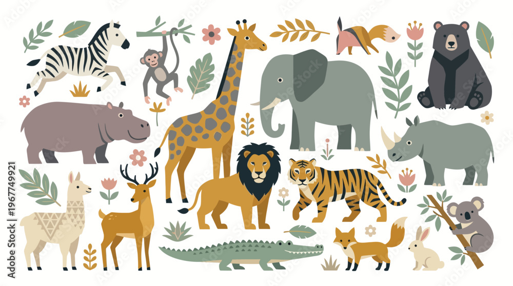 Naklejka premium Cute Safari and Jungle Animal Collection Flat Vector Illustration for Children Education Nursery Wall Art and Stationery Design