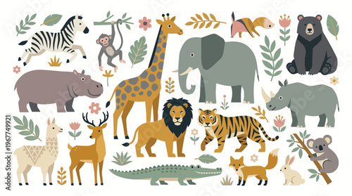 Cute Safari and Jungle Animal Collection Flat Vector Illustration for Children Education Nursery Wall Art and Stationery Design