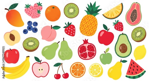 Vibrant Assortment of Fresh Fruits Vector Illustration, Flat Design Style, Healthy Eating and Diet Concept for Graphic Design Resources