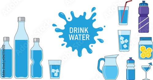 Drink water concept collection vector illustration set with bottles glasses pitcher and hydration elements isolated on white background for healthy lifestyle design