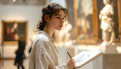 Young artist sketching in a museum, capturing inspiration from classic artworks.