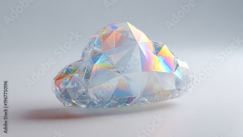 Brilliant faceted crystal cloud, reflecting light with rainbow spectrum, symbolizing ethereal data storage and technological concepts