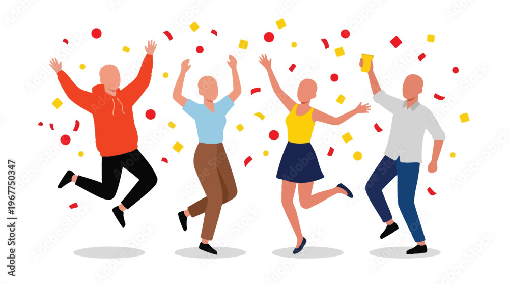 Fototapeta premium Diverse Group of Happy People Celebrating Success and Jumping with Confetti for Corporate Achievement or Festive Party