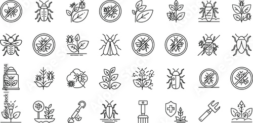 Eco pest control and organic gardening line icon set featuring insects plants protection spray and sustainable agriculture symbols