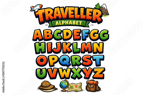 Fun Kid Font Traveller Logo Alphabet Cartoon Letter Set Modern Typography, Comic Typographic Design for Adventure Explore Headline, Urban Street Lettering Logotype, Youth Tee Fonts. Vector Typeface