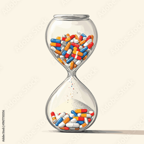 An hourglass where one side is filled with colorful pills, the sand running out, in a stylized, artful depiction , vector style simple color