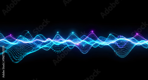 A vibrant digital waveform illustration with glowing blue and purple lights on a dark background