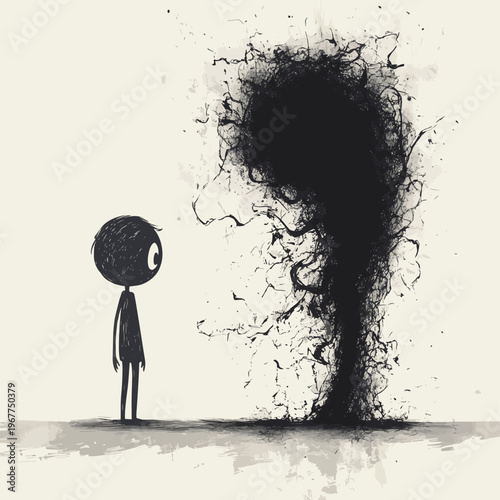 A cartoon where a person's shadow is a chaotic scribble, contrasting with their calm stance , vector style simple color