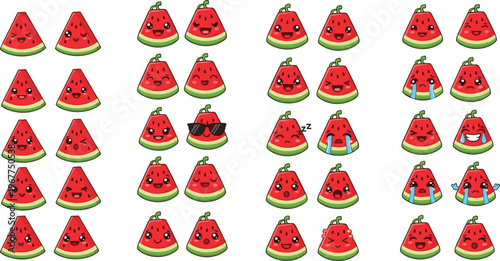 Cute watermelon emoji characters collection kawaii fruit cartoon vector set with funny expressions and moods isolated on white background for stickers and kids design