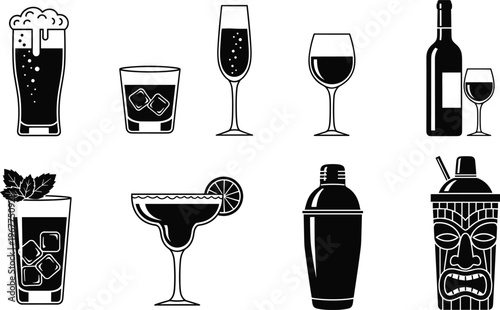 Collection of black and white silhouette icons featuring various alcoholic beverages, including beer, wine, cocktails, and a tiki mug, representing bar and party culture.