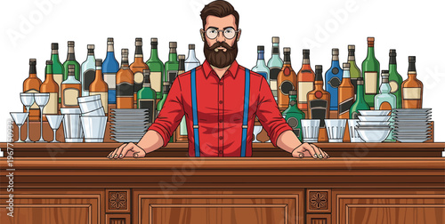 Stylish bearded bartender with glasses and suspenders standing confidently behind a well-stocked bar counter, surrounded by numerous colorful liquor bottles and clean glassware, ready to serve drinks.