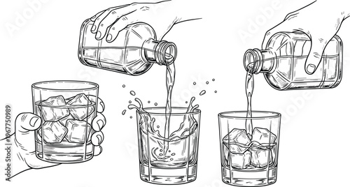 Detailed illustration of hands pouring various alcoholic beverages from bottles into whiskey glasses filled with ice cubes, creating splashes, on a clean white background.