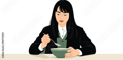 Young professional woman in a business suit eating a healthy meal from a bowl with a spoon, representing a mindful lunch or healthy eating.