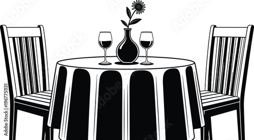 Stylized vector illustration of a romantic table set for two, with chairs, wine glasses, and a flower vase.