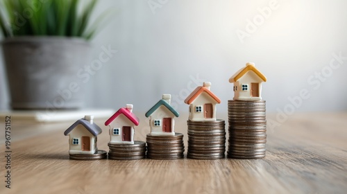 積み上がるコインの上に立つミニチュアハウス、資産形成素材
