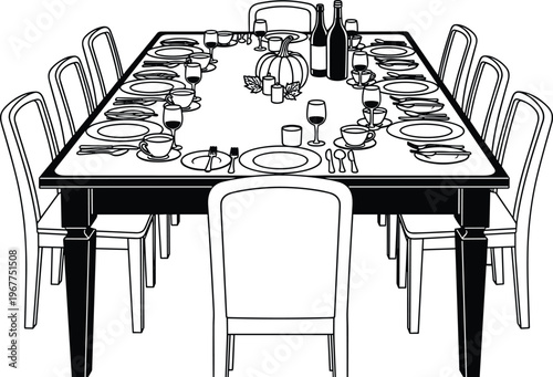 Traditional engraved illustration of a large dining table meticulously set for a festive family gathering, complete with dinnerware, wine, and a pumpkin centerpiece.