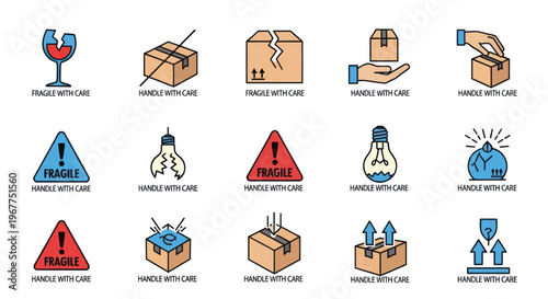 Fragile Shipping Symbols: Handle With Care, Breakable, Package Icons