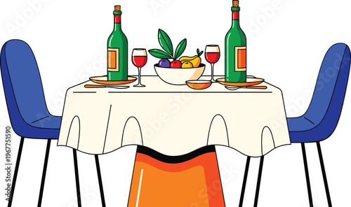 Modern vector illustration of an elegantly set dining table for two, featuring wine bottles, glasses, and a fruit bowl, perfect for a romantic dinner.