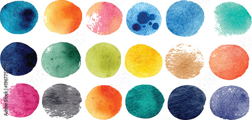  Colorful Shapes Drawing. Grunge Watercolor Circle Vector. Abstract Hand Paint Rounds on Paper. watercolor collection of round circle shapes and colorful dot stains in rainbow hues ideal for abstract 