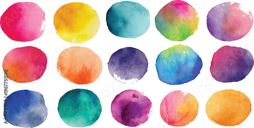 Colorful Shapes Drawing. Grunge Watercolor Circle Vector. Abstract Hand Paint Rounds on Paper. watercolor collection of round circle shapes and colorful dot stains in rainbow hues ideal for abstract 