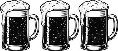 Three black and white vector dark beer mugs, each brimming with frothy foam, ideal for pub, bar, or brewery ads.