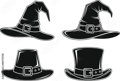 Black hat silhouettes: two witch hats, a pilgrim hat, and a top hat, ideal for Halloween, history, or magic designs.