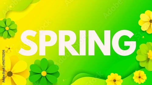 Vibrant green spring background with yellow paper flowers
