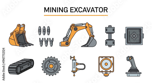 Flat icons illustrating components and attachments for a mining excavator