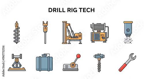 Ten colorful line icons representing various drill rig technology components and tools