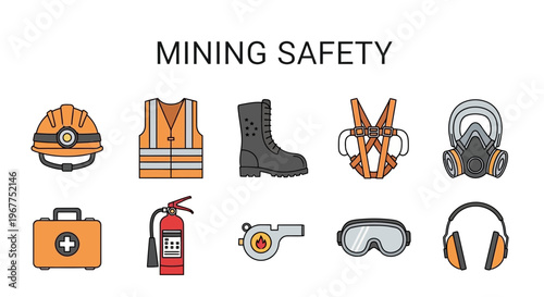 Icons depicting mining safety equipment arranged in two rows under a title