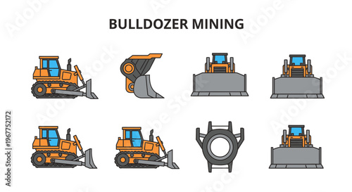 An illustration set of orange bulldozers showing various views and attachments