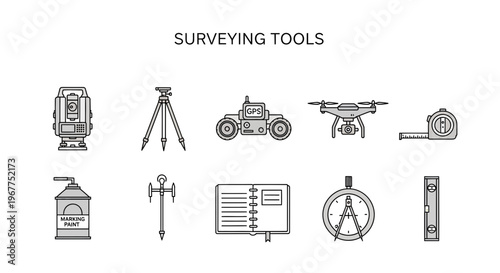 An array of ten lineart icons depicting various surveying tools against a white background